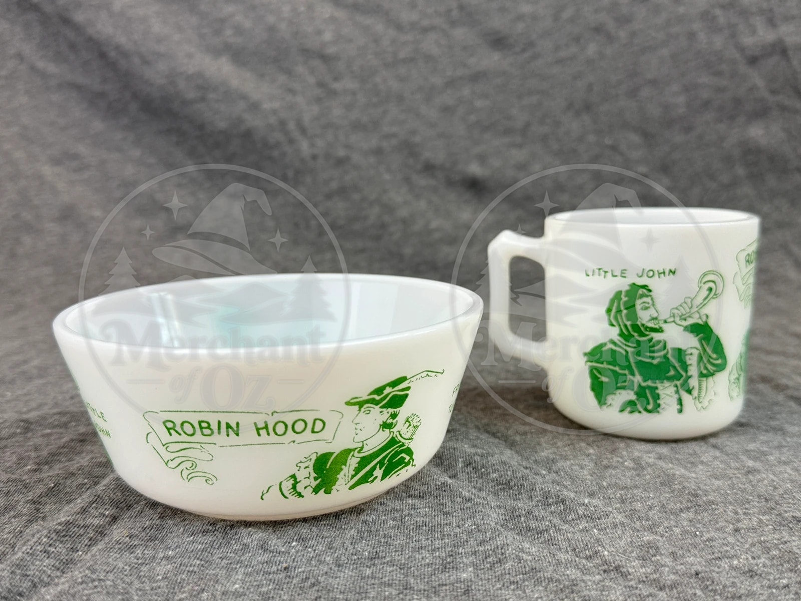Vintage FireKing Robin Hood Children’s Bowl and Mug Set