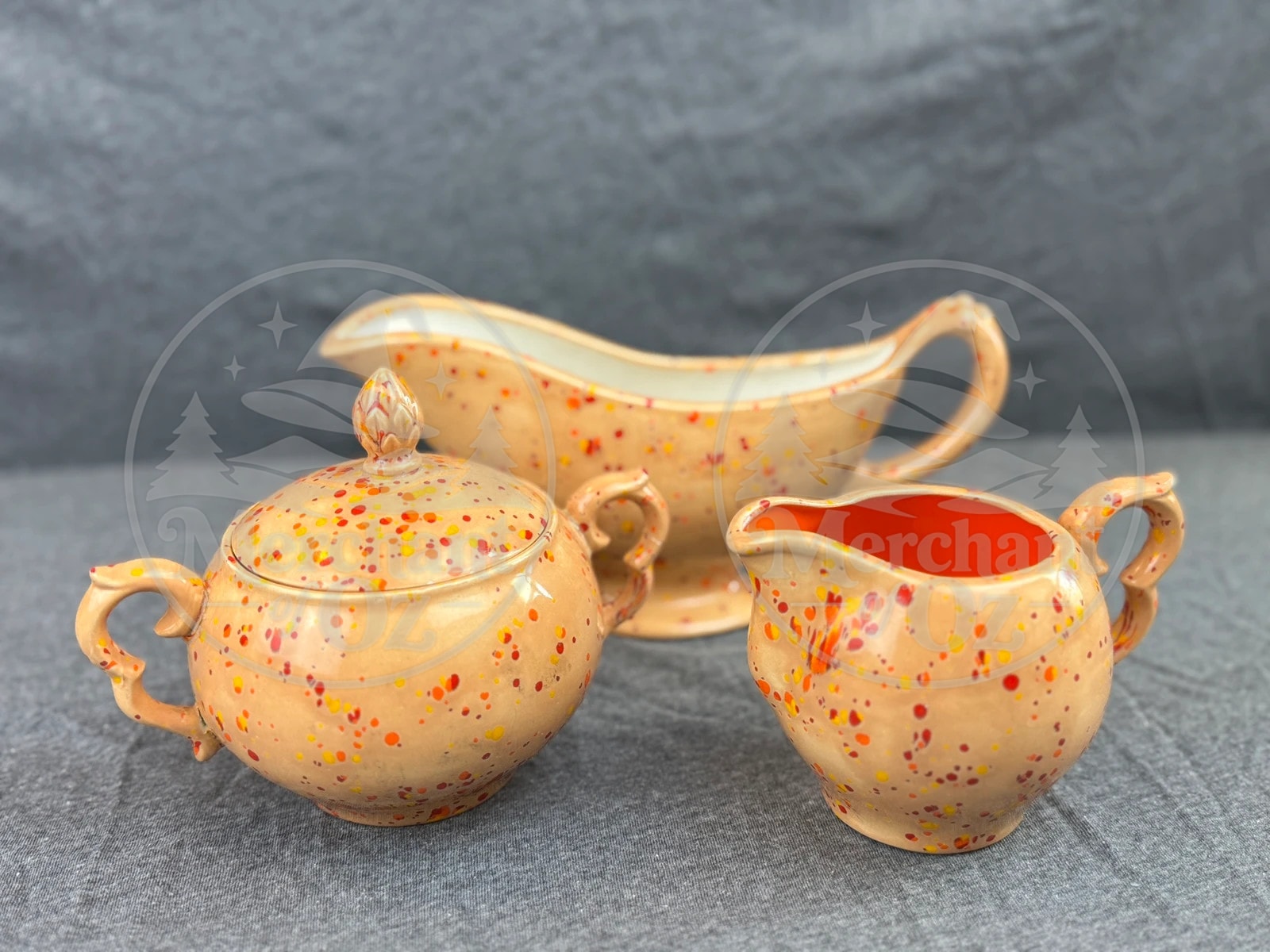 MCM Ceramic Splatter Glaze Gravy Boat, Sugar Bowl, and Creamer Set